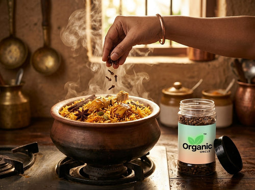 Whole cloves jar beside a cooking pot