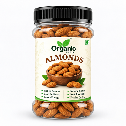 Organic Uncle almonds badam in a branded jar - front of pack
